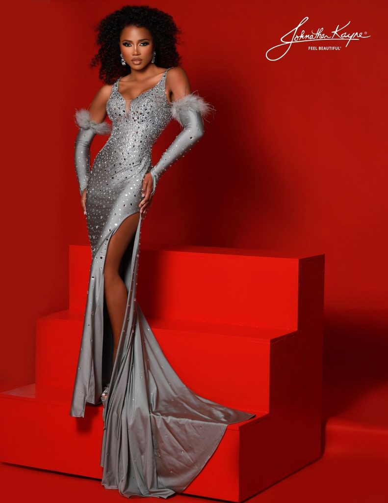 pageant headshot, pageant headshot tops, pageant headshot outfits, best pageant headshot outfits, prom dress, prom outfit, silver dress with feathers, silver dress with slit, silver prom dress, silver prom dress with sleeves, silver prom dress with feathers